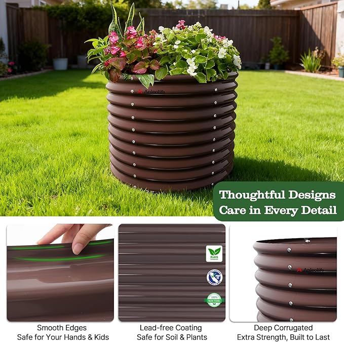 A ANLEOLIFE 30 Extra Tall Galvanized Raised Garden Beds Outdoor 3x2.5ft Round Metal Planter Boxes for Planting Vegetables Flowers Fruits Eco-Safe &amp Easy Setup CaféBronze
