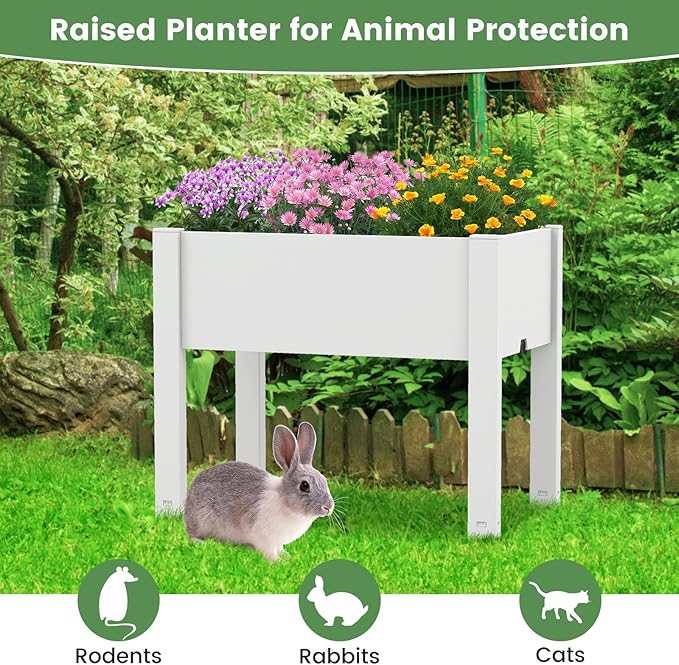 Raised Garden Bed Outdoor Elevated Planter Boxes with Legs &amp Water Level Indicator Garden Box Self-Watering Raised Beds for Gardening Balcony &amp Deck (Greyish-White)