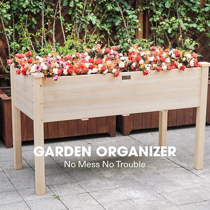 VIVOSUN Elevated Wooden Raised Garden Bed 48 x 24 x 30 Inches Outdoor Wood Planter Box w Bed Liner and Gloves for Garden Patio Balcony Backyard and Outdoors 220-Pound Capacity