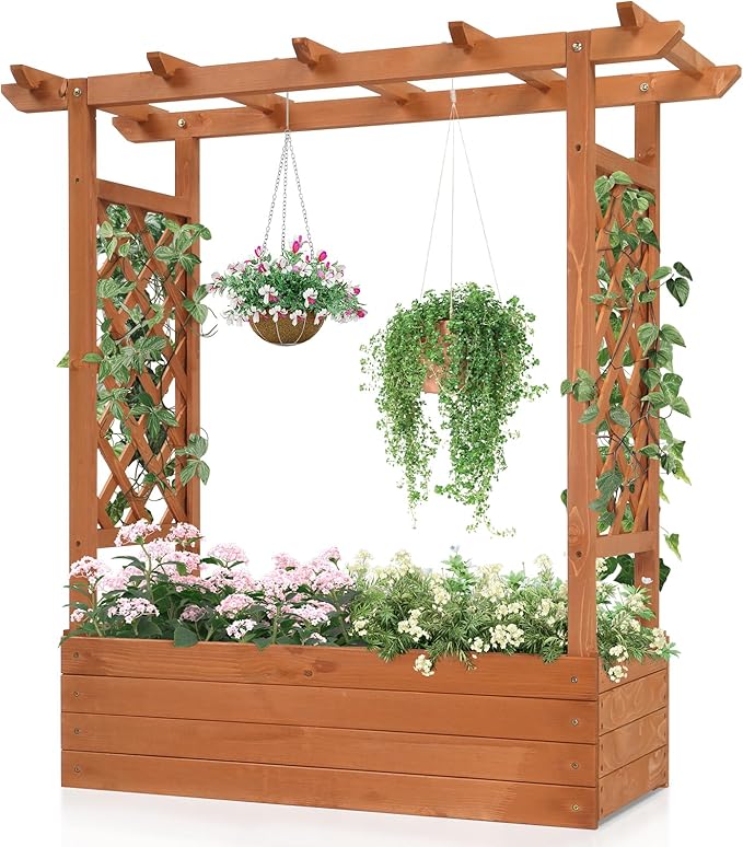 Vasitelan Raised Garden Bed with Trellis Wooden Elevated Planter Box w/Drainage Holes &amp Removable Bottom Panels for Climbing Vine Flower Indoor Outdoor Wood Planter for Yard Patio