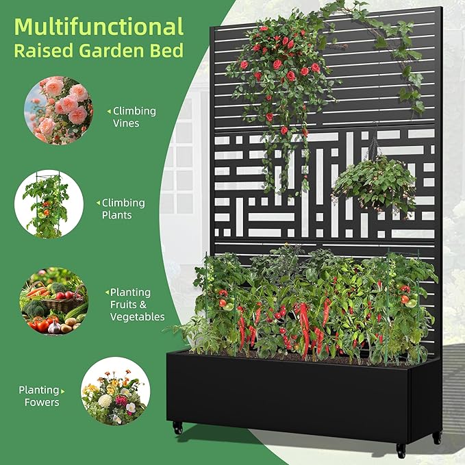 Casaphoria Metal Raised Garden Bed with Trellis and Wheels 72x47x16 Planter Box for Climbing Plants Vegetables &amp Vines Features Drainage Holes and Privacy Screen Black(Louvered&ampHelen)