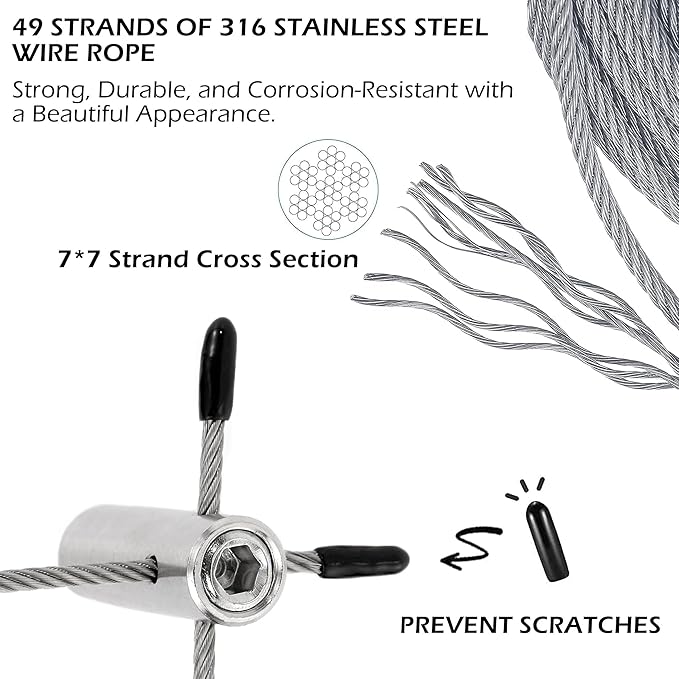 Wire Trellis for Climbing Plants Outdoor 12-Set Wall Wire Trellis Kit with 1/8in x 53ft Stainless Steel Cable T316 Cylindrical Espalier System for Fence and Garden DIY Projects