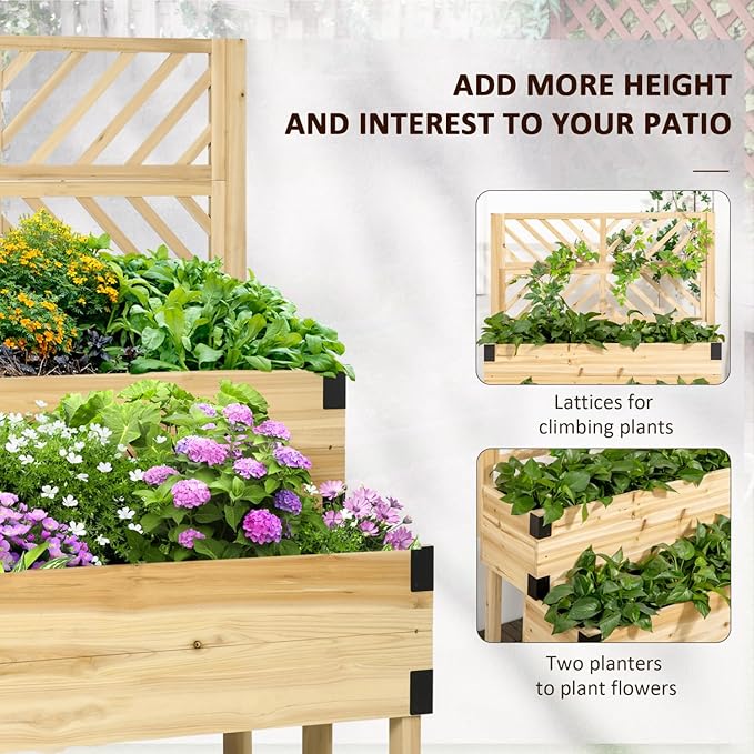 Raised Garden Bed with Trellis: Tier Wood Planter Box &amp Support System for Vegetables Flowers &amp Herbs