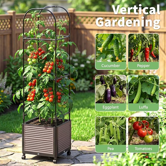 DoCred 60 H Raised Garden Bed Planter Box with Wheels 2 Pack Tomato Cage Planter Raised Garden Bed with Trellis for Climbing Vegetables Plants Tomato Cage Indoor Outdoor Use