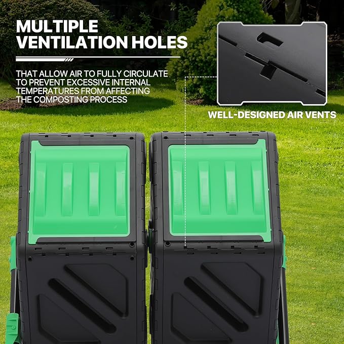 MoNiBloom 34 Gallon Compost Bins Outdoor Dual Chamber Composter Tumbler All-Season Fast Working Tumbling Composter High Volume Composter with 2 Sliding Doors