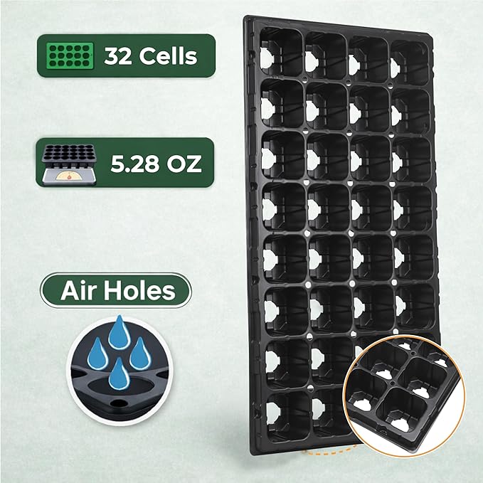 Gardzen 10 Pack 32 Cell Seed Starter Trays 2 Deep Plug Tray for Seedlings Heavy Duty Seedling Trays with Drainage Holes Fit Standard 1020 Drip Tray