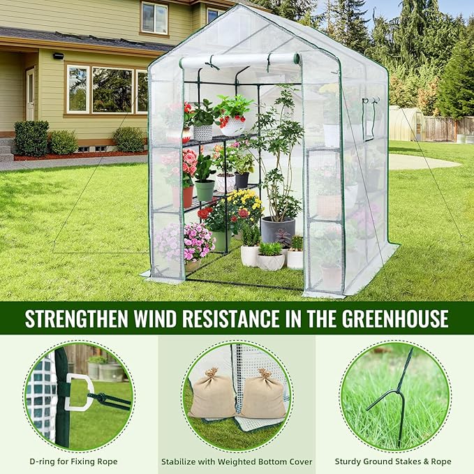 Greengro Greenhouse 57 x 57 x 76'' Greenhouses for Outdoors Portable Greenhouse Kit with Mesh Side Windows PE Cover 8 Shelves Heavy Duty Walk in Green House for Backyard Garden Indoor Outside