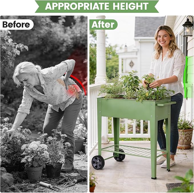 Tall Raised Garden Bed Outdoor with Wheels Metal Elevated Raised Planter Box with Drainage Holes for Vegetables Flower Herbs(Green)