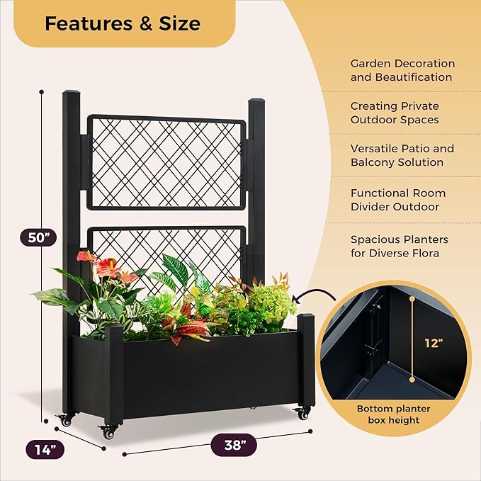 Metal Raised Garden Bed with Trellis 50Hx38Wx14D Inch Compact Planter Box for Climbing Plants Patio Balcony Garden Privacy Screen with Wheels and Drainage Holes Black