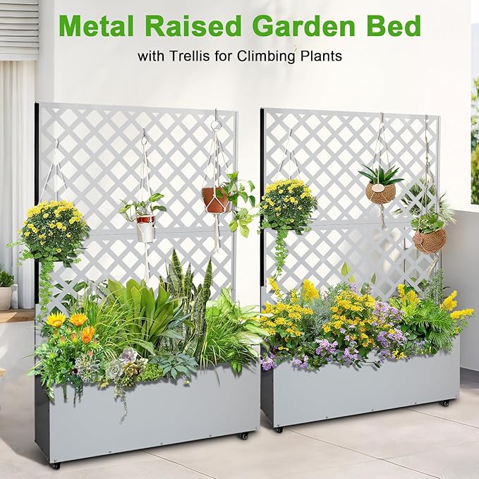 GarveeLife Metal Planter Box with Trellis 73x47x12 Raised Garden Bed with Privacy Screen Galvanized Steel Planter Box with Drainage Holes for Outdoor Climbing Plants White