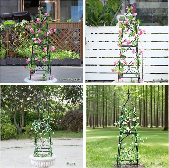 Obelisk Trellis for Garden - 38.3 x 10.03 Durable Metal Climbing Support for Roses Vines &amp Flowers | Elegant Black Design with Decorative Top &amp Hollow Sides