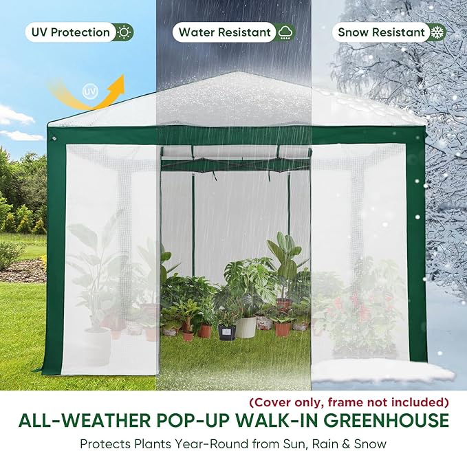 EAGLE PEAK Replacement Cover for 10x10 Pop up Greenhouse with Polyester Reinforced Corners Front and Rear Roll-Up Zipper Entry Doors and 2 Large Roll-Up Side Windows (Frame Not Included) Green/White