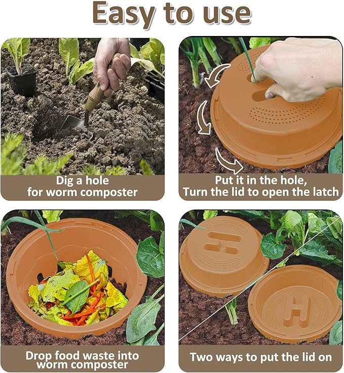 2-Pack InGround Compost Bin for Garden Beds 8L Worm Composter Farm for Faster Composting Worm Composter Kit with Aeration Animal-Proof Lid for Beginners (9.5x9.5x10.8Inch) (2 Gold)