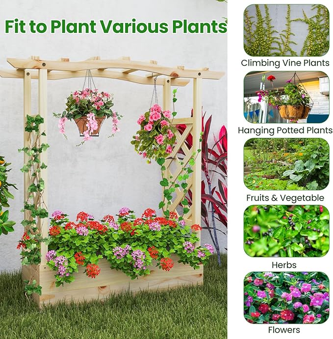 Giantex Raised Garden Bed with Sided Trellis &amp Hanging Roof Wood Planter Box Freestanding Garden Planter Raised Bed for Flowers Herbs Climbing Vines 44”x14”x45” (L x W x H)