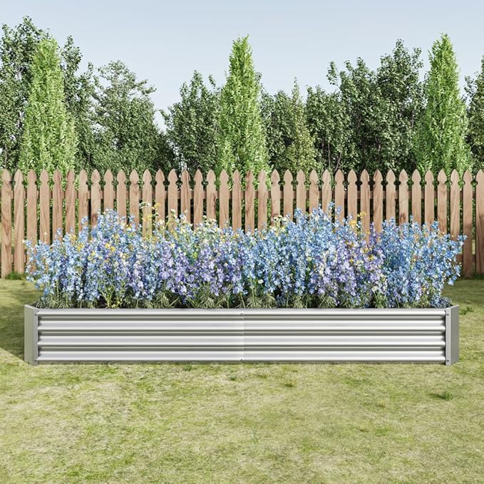 Heavy-Duty Metal Raised Garden Bed for Outdoor Vegetable Herb and Flower Planting – Durable Galvanized Steel Planter Box (Silver with 8x4x1ft)