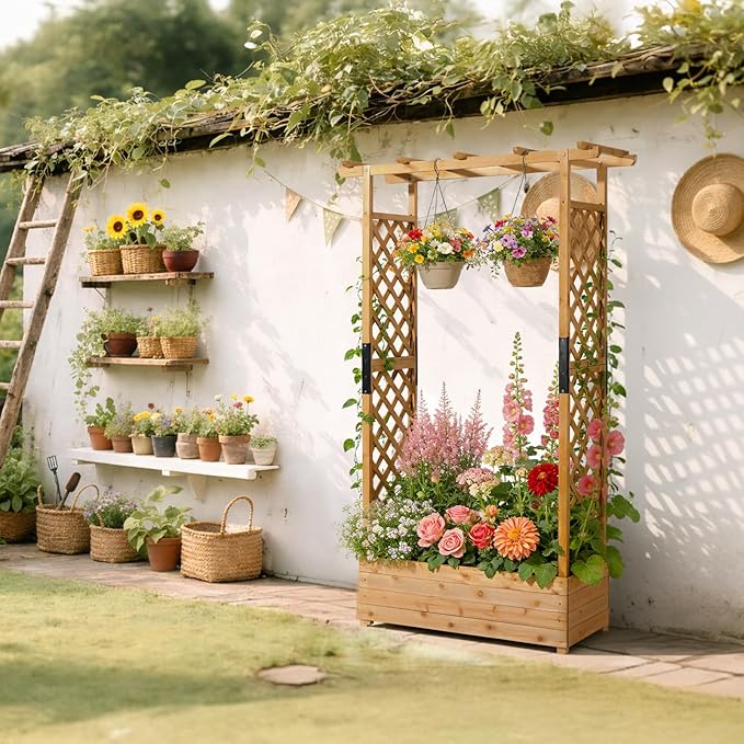 VINGLI Raised Garden Bed with Trellis &amp Hanging Roof Wooden Garden Bed Outdoor Planter Box for Yard Garden Balcony (Teak Color Taller)