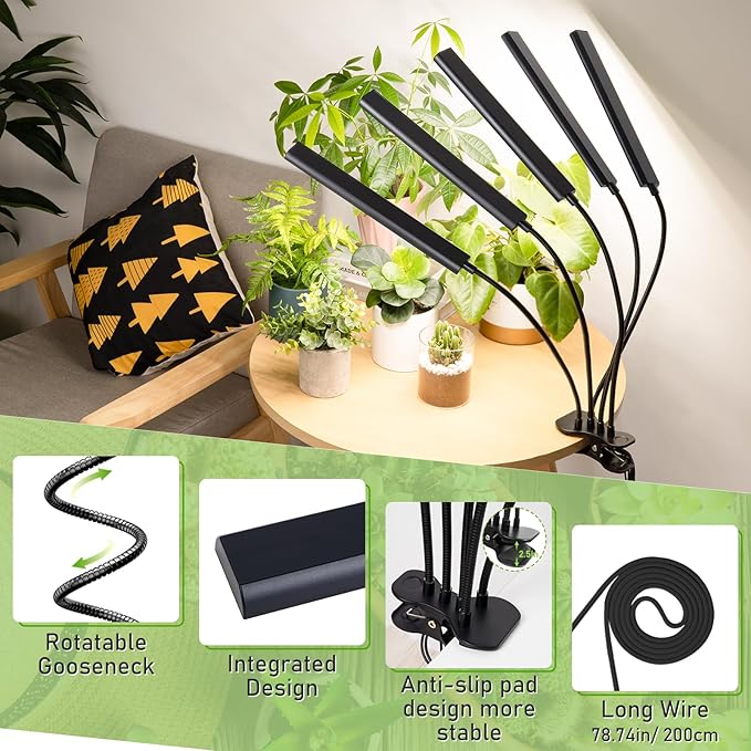 FOXGARDEN Grow Lights for Indoor Plants Full Spectrum Plant Lights for Indoor Growing with Timer 4/8/12 H Five-Head 260 LED Clip Grow Lamp with Gooseneck 4 Brightness Levels for Plant Growing