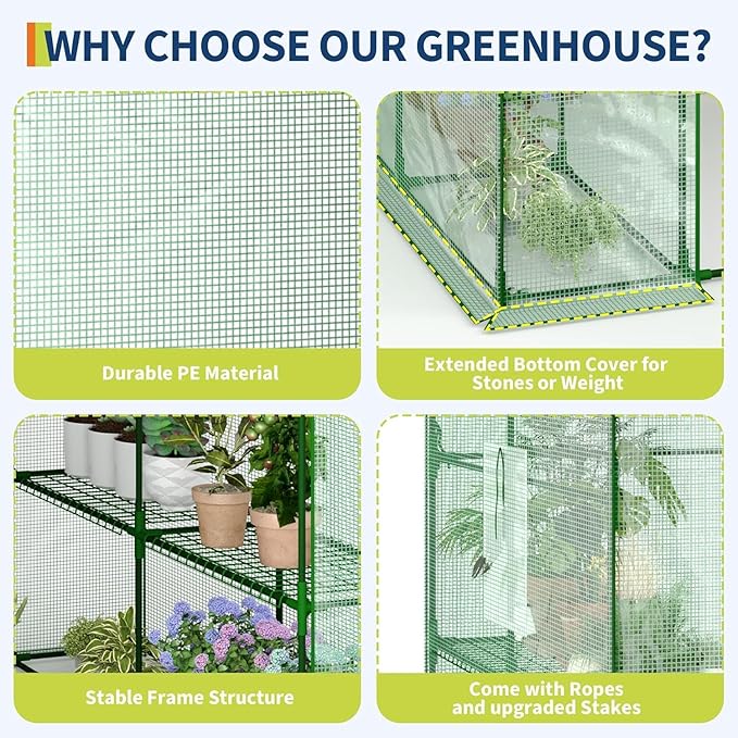 57x57x77 Inch Greenhouse for OutdoorPortable Walk in Greenhouses with Thicken PE CoverDurable Green House Kit with Window Vent 3 Tier 12 Shelves for Indoor Backyard Outside