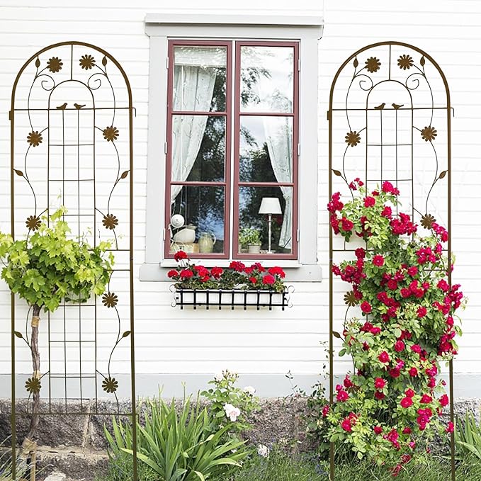 2/4 Pack Metal Garden Trellis for Climbing Plants Outdoor Flower Support Plant Trellis for Roses Vines Vegetables Patio Decor Practical(Brown2 Pack)