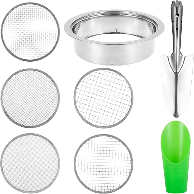Soil Sieve Set with 5 Interchangeable Filter Mesh Sizes 1/3/6/9/12mm Stainless Steel Soil Sifter Rustproof Garden Sieve Detachable Garden Soil Sifter