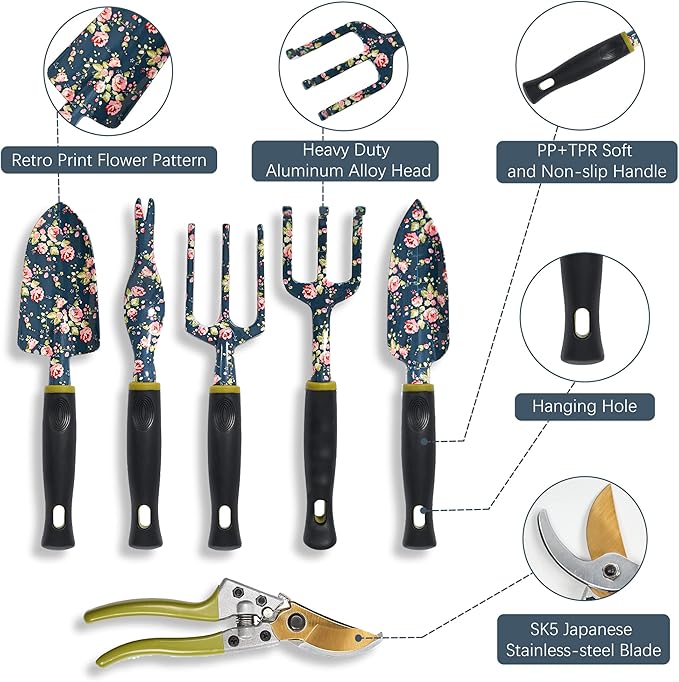 Garden Tool Set 25Pcs Heavy Duty Floral Garden Tools Aluminum Rust-Proof Gardening Kit with Garden Shovel Trowel Pruner Gloves Ideal Gardening Gift