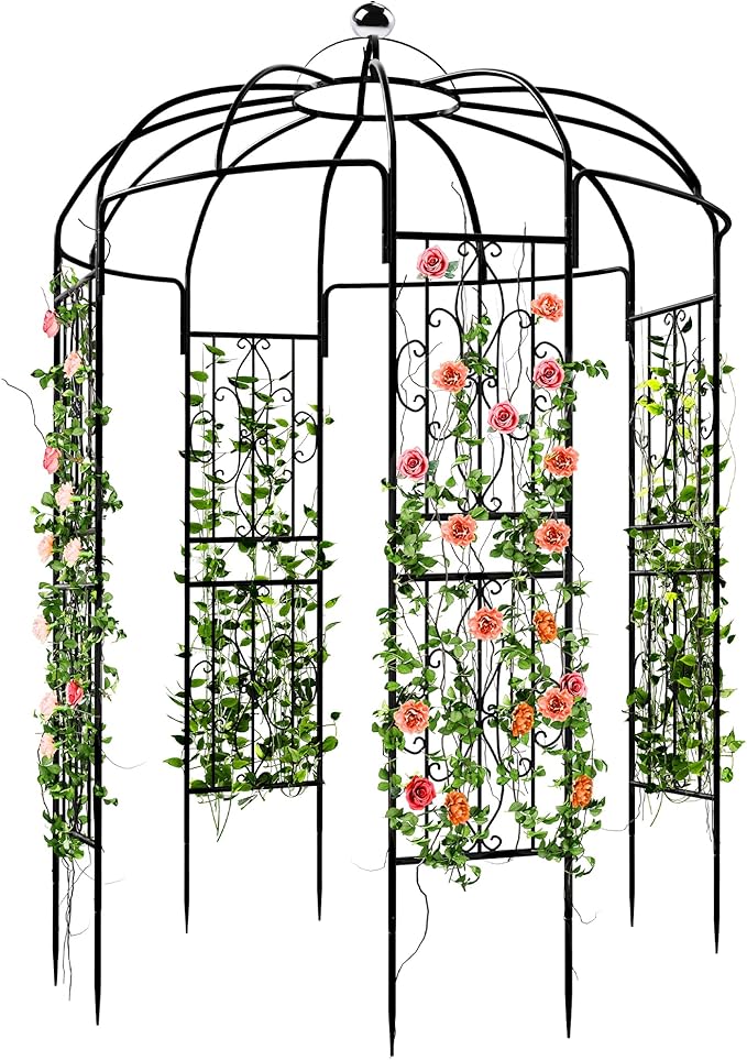 Birdcage Shape Garden Arch Arbors 9.8'H x 6.8'W (81.5W x 118H) Pergola Pavilion for Climbing Plants Outdoor Wedding Arches for Ceremony Party Metal Garden Arbor for Patio Backyard (Black)