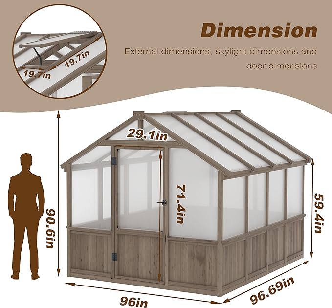 VEIKOU 8’x8’ Greenhouses for Outdoors Walk-in Wood Greenhouse with Cedar Frame &amp Adjustable Vents Garden Green House with 6MM Thick Polycarbonate Panel for Outside Backyard Light Brown Mocha