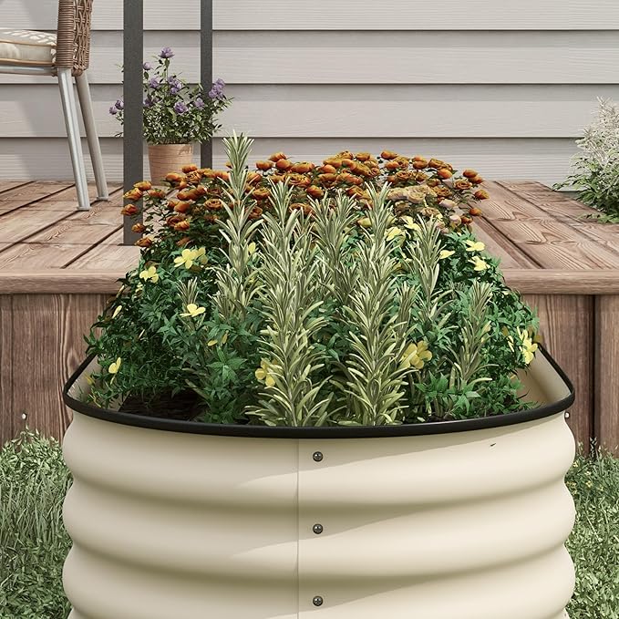 Outsunny 3.5' x 2' x 1.4' Galvanized Raised Garden Bed Kit Outdoor Metal Elevated Planter Box with Safety Edging Easy DIY Stock Tank for Growing Flowers Herbs &amp Vegetables Cream