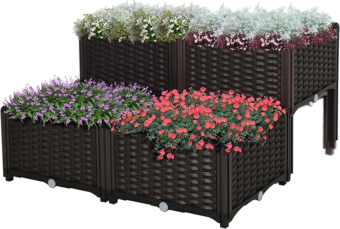 4 Piece Raised Garden Bed with Legs Self-Watering Planter Box Raised Bed to Grow Flowers Herbs &amp Vegetables Brown