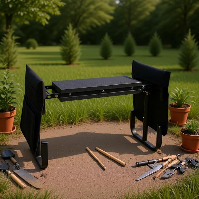 Garden Kneeler Carbon Steel &amp EVA Pad Wide Kneeler Seat 2 Large Tool Bags Garden Stool with Adjustable Height Multipurpose Folding Kneelers for Gardening Camping (Black)