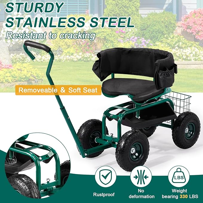 Garden Scooter with 360 Degree Swivel Seat Rolling Gardening Cart with Seat - Utility Garden Tool Tray and Storage BasketGardening Stool for Planting Rolling Stool Gardening Cart with Tool Storage