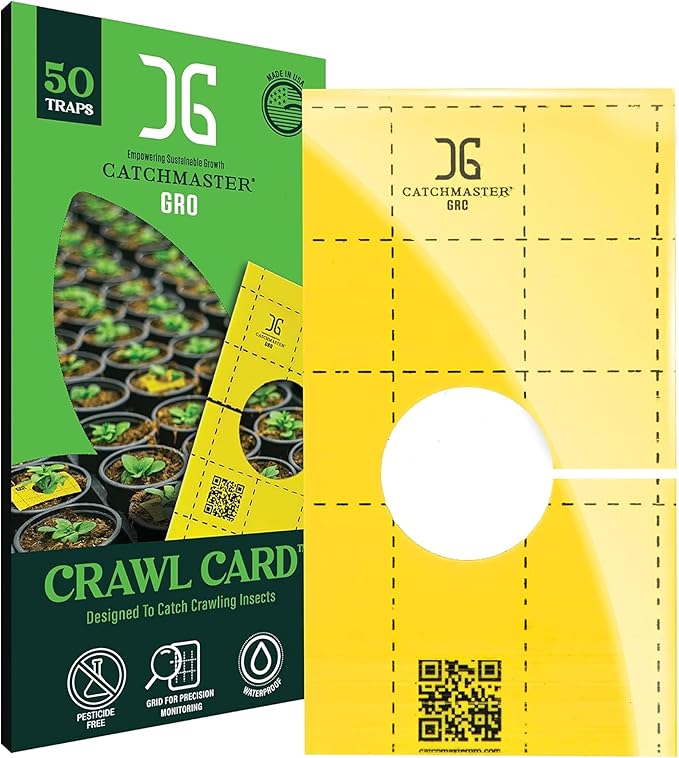 Catchmaster GRO Yellow Pre-Cut Ready to Use Sticky Traps 50PK Bug &amp Fly Trap with Center Hole for Crawling Insects Pest Control for Home Garden &amp Greenhouse Protect Live Plants Indoor &amp