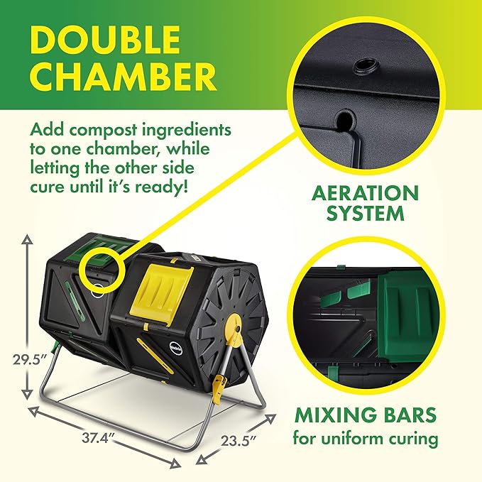 Miracle-Gro Large Dual Chamber Compost Tumbler 55.4 Gallons – Easy-Turn Fast-Working System – All-Season Heavy-Duty High Volume Composter with 2 Sliding Doors (2 x 27.7 gallons)