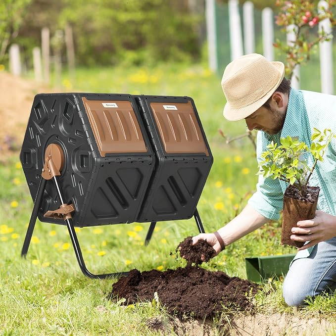Compost Bin Outdoor 43 Gallon Dual Chamber Tumbling Composting with Sliding Doors Large Compost Tumbler Compost Bin for Garden Kitchen and Yard Waste Black+Brown