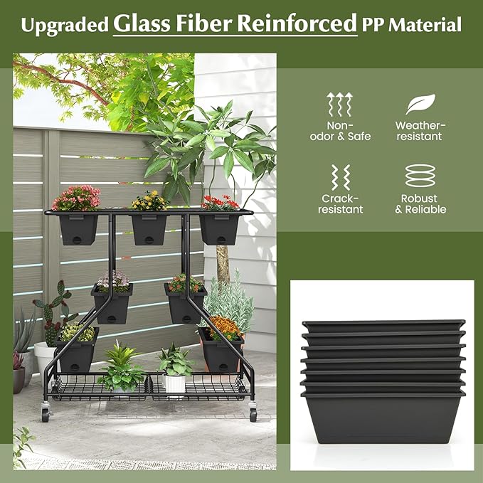 Giantex Rolling Raised Garden Bed w/ 7 Planter Boxes Storage Baskets Drainage Holes 4 Lockable Casters 3-Tier Freestanding Elevated Planter for Strawberry Vegetable Flower Herb