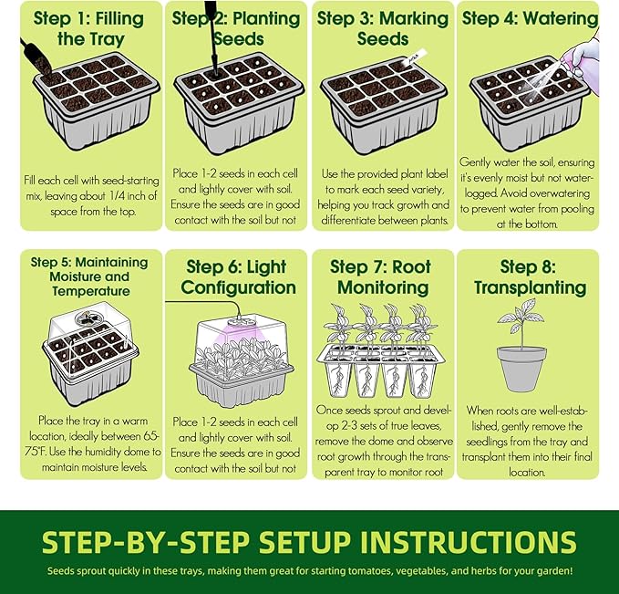Seed Starter Tray with Grow Light 6-Pack 72 Cell Seed Starter Trays Germination Tray with Humidity Dome Timing Adjustable Brightness for Starting Vegetable Flower Indoor Herb Garden