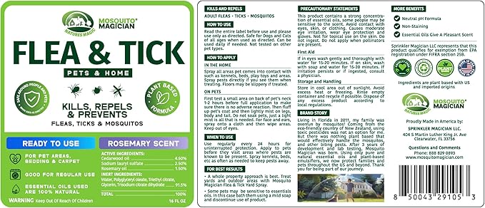 Mosquito Magician Indoor and Outdoor Flea &amp Tick Spray - Use for Carpet Furniture Bedding Couches &amp Pets – Plant-Sourced with Essential Oil – Rosemary 16 OZ