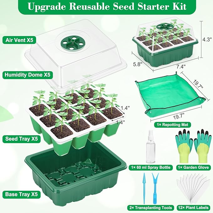 Reusable Silicone Seed Starter Tray 60 Cells Seed Starter Kit with Humidity Adjustable Dome and Lid Plant Germination Trays with Repotting Mat 5 Packs Germination Kit for Seeds Grow Starting
