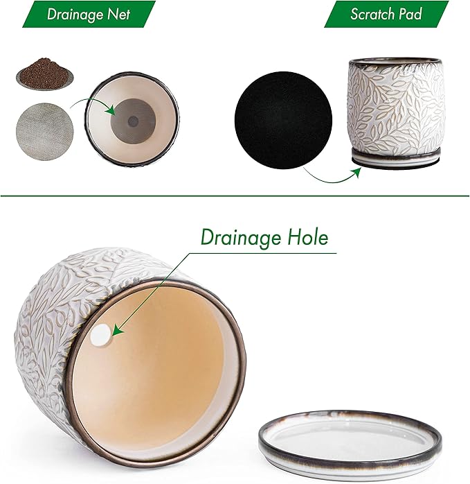 D'vine Dev 6 Inch Embossed Leaves Stoneware Planter Pot with Drainage Hole and Saucer Smoked White Set of 1 27-A-X-1
