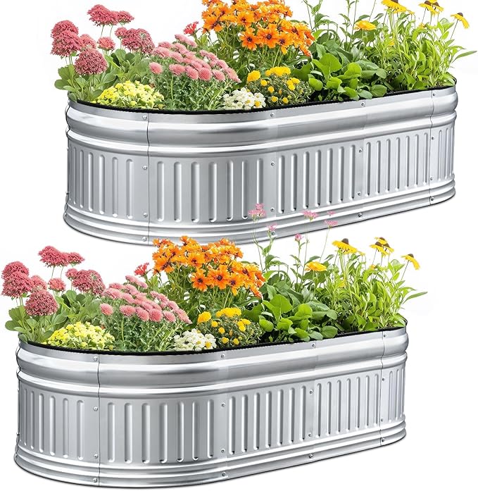 KING BIRD Raised Garden Bed Kit 2025 Upgraded Modular DIY Galvanized Planter Garden Box Outdoor for Gardening Vegetables Flowers Elegant Roman Column Design 47x24x24 in Silver