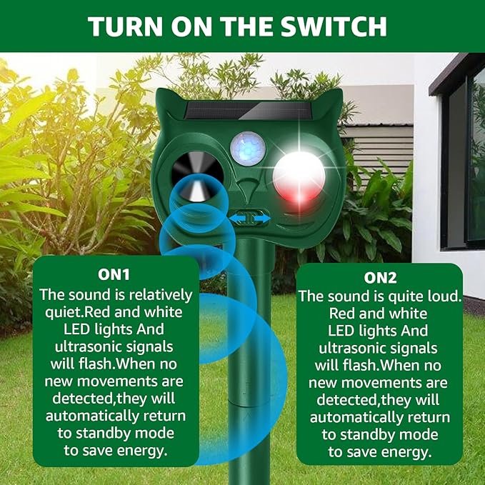 Solar Ultrasonic Animal Repellent Outdoor Motion Sensor Deer Repellent Devices Squirrel Cat Raccoon Rabbit Deterrent with Strobe Light Dual Mode Keep Skunk Away Protection for Yard Garden Lawn 2PCS