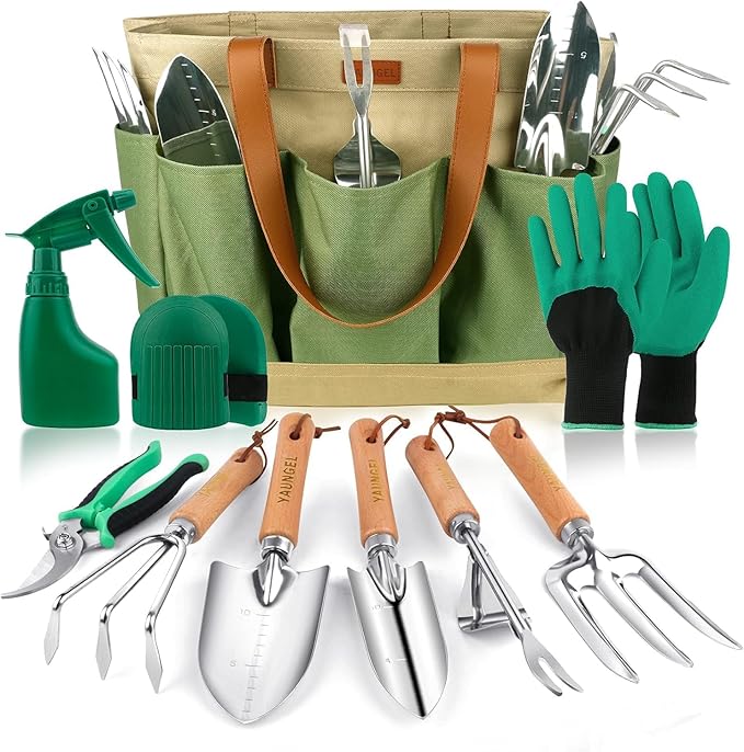 YAUNGEL Gardening Tools Set of 10 Heavy Duty Gardening Hand Tools Stainless Steel Garden Tools with Wooden Handle Storage Garden Bag Gardening Gifts for Women and Men