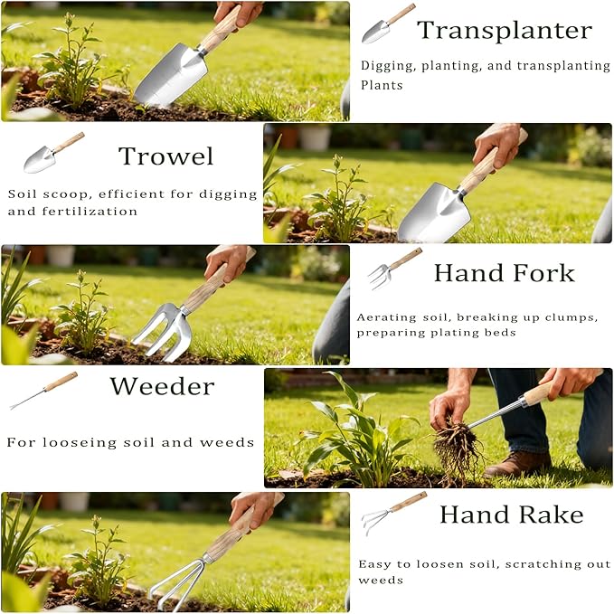 10-Piece Heavy-Duty Gardening Tools Set with Tote Bag - Rust-Proof Aluminum Gardening Hand Tools with Non-Slip Ergonomic Wood Handle - Gardening Supplies Set Ideal Gift for Men &amp Women