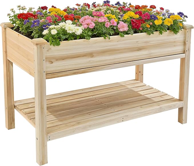 48 x 23 x 31 Inches Raised Garden Bed with Legs Elevated Wooden Planter Box for Outdoor Plants with Water Collection Tray Storage Shelf Protective Liner Natural