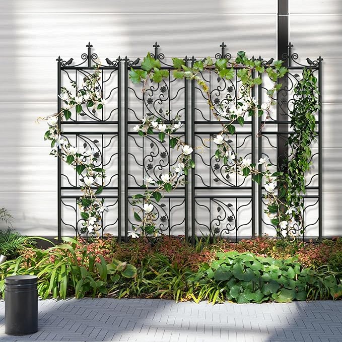 6 Panels Garden Trellis Decorative Outdoor Tall Metal Fence Black Lattice Panel Yard Corner Decor for Climbing Plant Flower