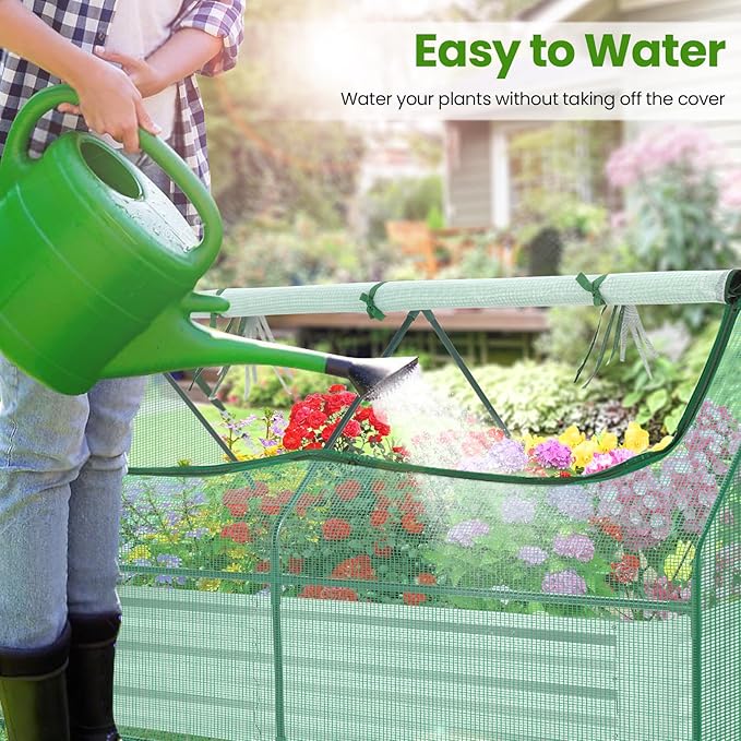 Suyncll 6x3x1FT Galvanized Raised Garden Bed with Cover Metal Planter Box Kit w/ 2 Roll-Up Large Zipper Windows Mini Greenhouse for Outdoor Growing Vegetables with 1 Pair of Gloves