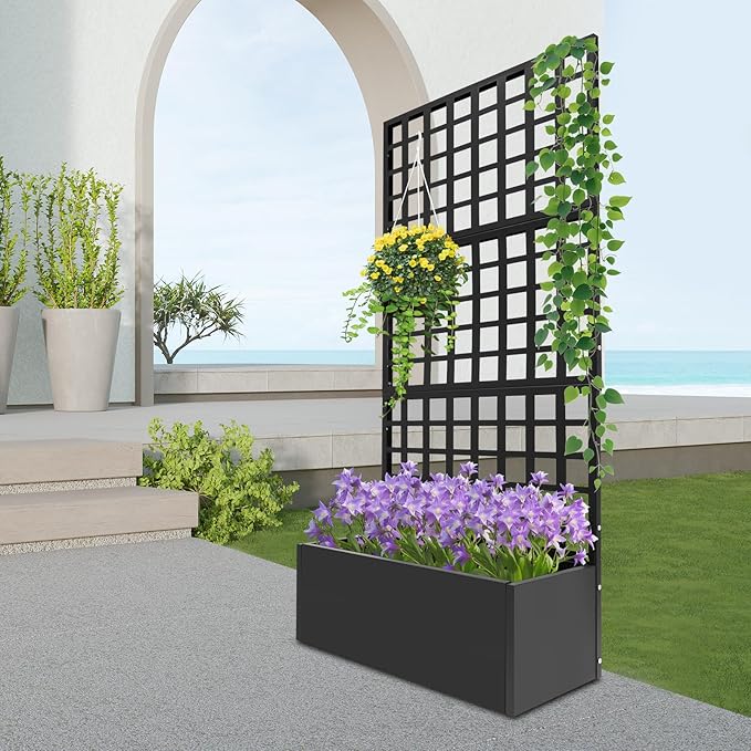 Metal Planter with Trellis 110lbs Load Capacity Free Standing Climbing Plant Support 12 Inch Deep Raised Garden Bed with Privacy Screen for Balcony Patio Garden Indoor &amp Outdoor Use(Black)