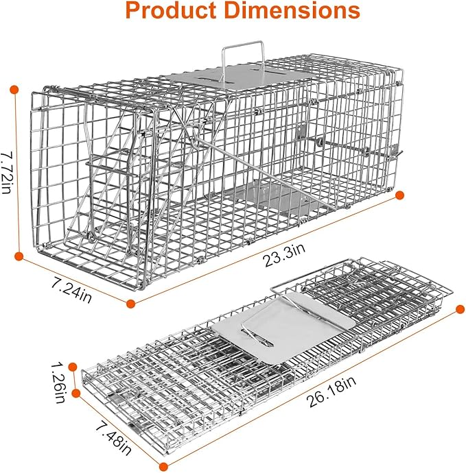 KOCASO 23.3 Live Animal Cage Trap Collapsible Galvanized Wire with Pedal Trigger Humane Trap for Stray Cats Squirrels Raccoons Mice Groundhogs (Silver)