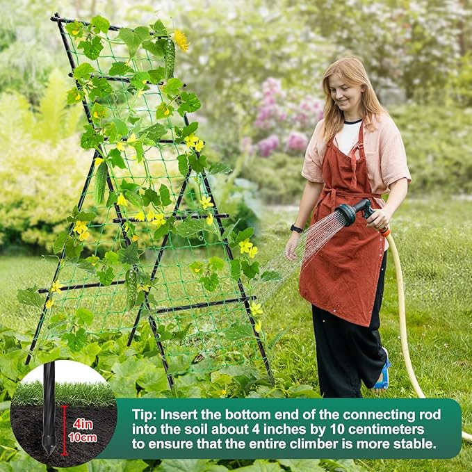 Cucumber Trellis A Frame Garden Trellis Vertical Plant Support with Netting for Raised Bed Backyard Gardening PE Coated Steel Climbing Trellis for Cucumbers Tomatoes Beans
