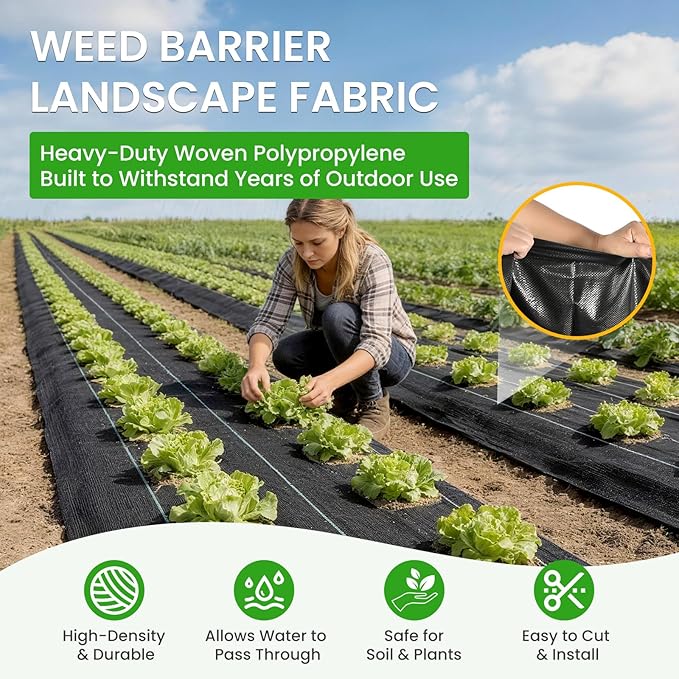 Weed Barrier Fabric 3x300ft Landscape Fabric 3.2oz Heavy Duty Durable Woven Geotextile Fabric High Permeability Ground Cover Mat Driveway Fabric Garden Weed Control Cloth with 20 U-Securing Pegs